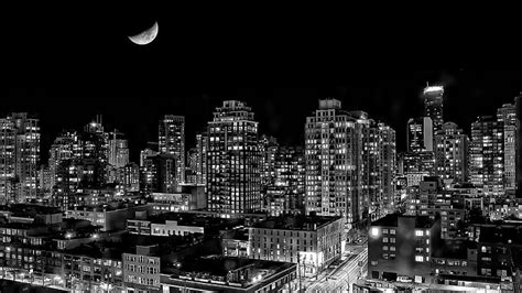 Hd Wallpaper Moon Night City City Lights Bandw Night Sky