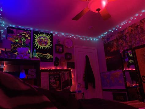 Psychedelic themed bedroom decor, trippy lighting, laser light show projectors, stoner room setup, hotbox essentials, hologram optical illusion lamps, wall tapestries, led lights, smoke sesh. Trippy room decor #teenroomdecor | Grunge room, Dorm room inspiration, Hippie bedroom decor