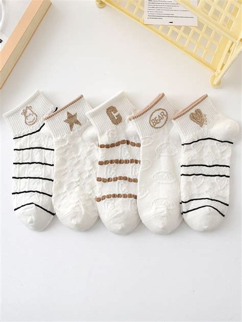 5pairs Striped And Cartoon Bear Pattern Ankle Socks In 2023 Socks Women Ankle Socks Ankle