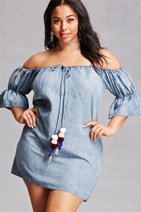 Forever 21 A Denim Dress Featuring An Elasticized Off The Shoulder