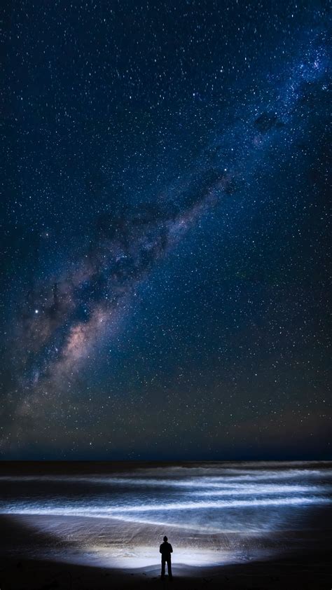 Download Wallpaper 1080x1920 Coast Night Silhouette Starry Sky