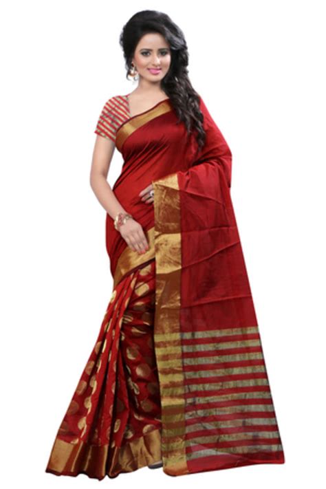 Buy Red Plain Cotton Silk Saree With Blouse Online