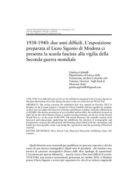 Pdf 1938 1940 Due Anni Difﬁcili Lesposizione Preparata Al Liceo Sigonio Di Modena Ci
