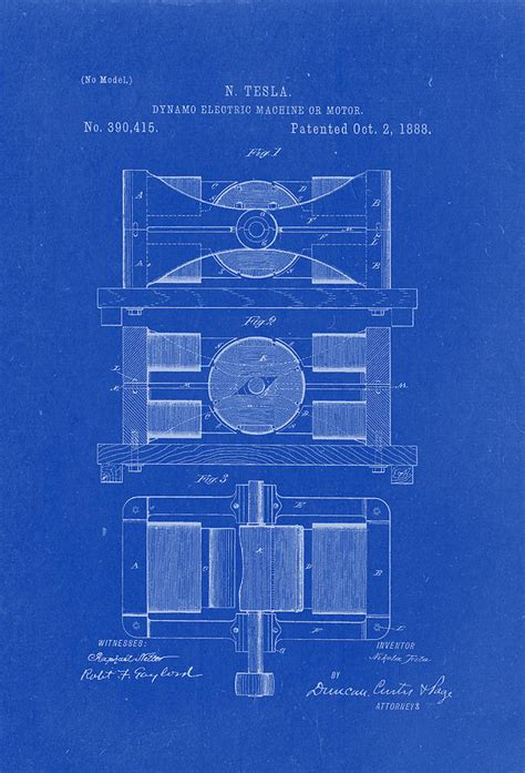 Dynamo Electric Machine Or Motor Nikola Tesla Patent Drawing From Blueprint Drawing By