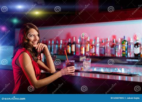 Beautiful Brunette Girl With Cocktail In Bar Stock Image Image Of Drink Glamour 62687805