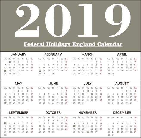 Free England Federal Holidays Calendar 2019 Templates With Images