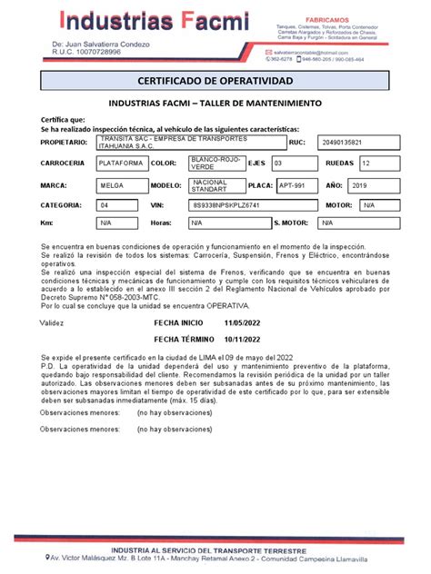Certificado De Operatividad Apt 991 Pdf