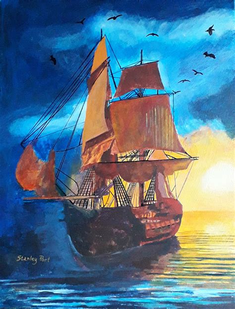 Sunset Painting Of Sailing Ship With The Light Shining Through The Rigging