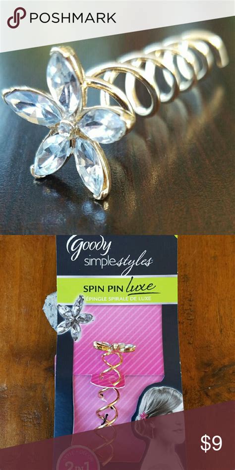 Jeweled Crystal Flower Goldtone Spin Pin Goody Simple Styles Spin Pin Luxe Goldtone With Faux