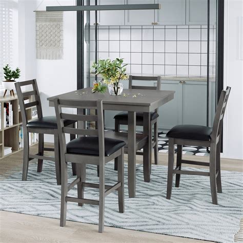 Skyland 5 Piece Dining Set Wooden Counter Height With Padded Chairs And