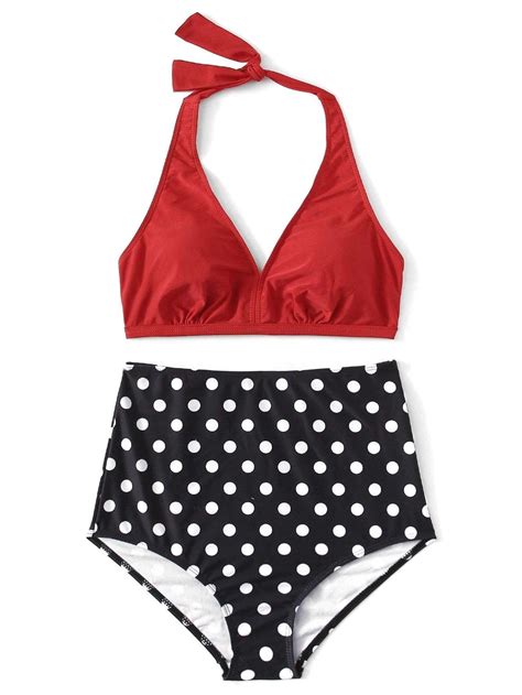 Plus Size Red Halter Top With Polka Dot High Waist Two Piece Bikini