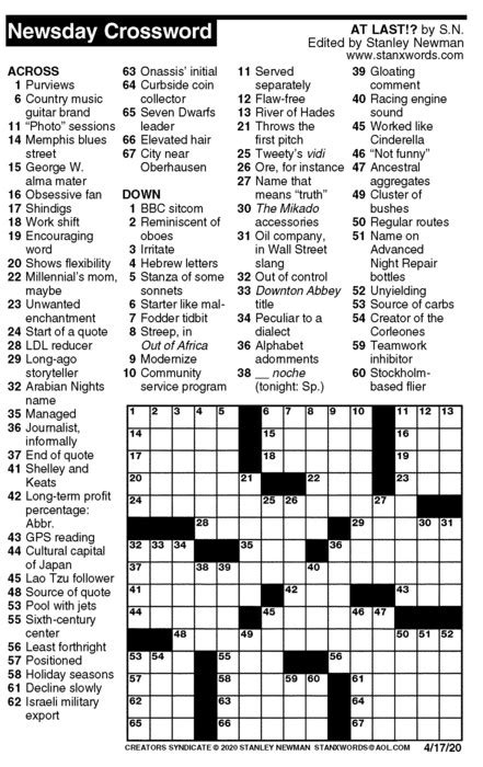Access to hundreds of puzzles, right on your android device, so play or review your crosswords when you want, wherever you want! Newsday Crossword Puzzle for Apr 17, 2020, by Stanley ...
