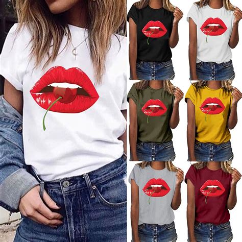 Sexy Red Lip T Shirts Women Summer Fashion Short Sleeve Tee Tops Casual