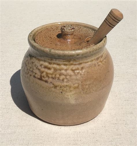 Honey Pot Jar Pottery With Wood Dipper Stamped Signed M Vintage Studio