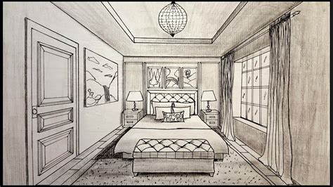 One Point Perspective Drawing Of A Bedroom