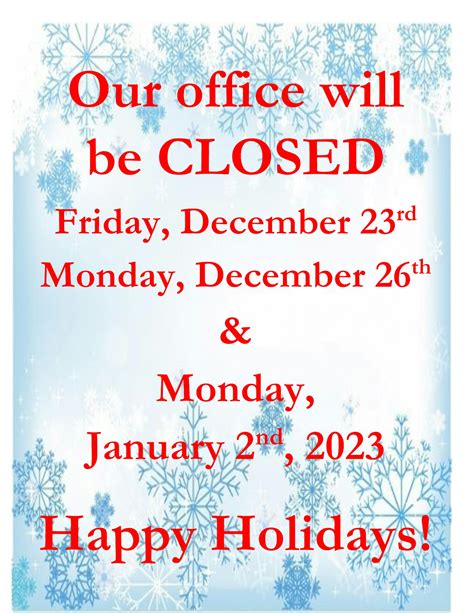 Office Will Be Closed December 23 And 26 2022 And January 2 2023