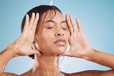 Beauty Face And Black Woman In Shower With Water For Skincare And