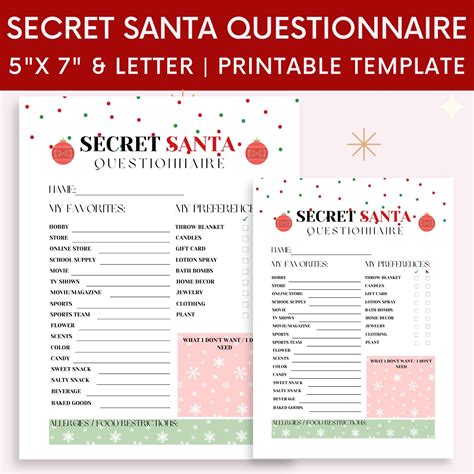 Printable Secret Santa Questionnaire Printable Shopping List Etsy