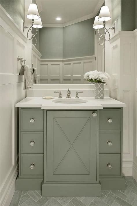 Sage Green Washstand With Gray Marble Herringbone Pattern Floor Tiles