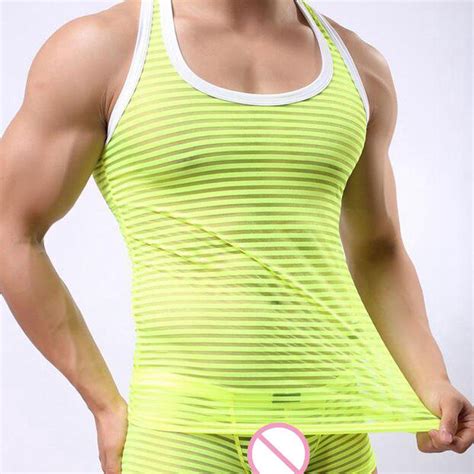 Men Tank Top Transparent Mesh Striped Undershirts Sexy Bodybuilding