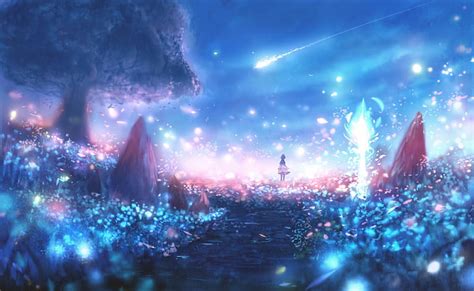Hd Wallpaper Anime Landscape Particles Scenic Polychromatic Lights