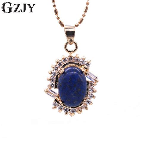 Gzjy Fashion Jewelry Champagne Gold Color Oval Lapis Lazuli Zircon Pendants Necklaces For Women