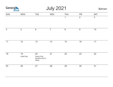 Bahrain July 2021 Calendar With Holidays