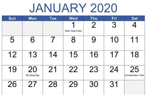 Jan 2020 Holiday Calendar For Planning