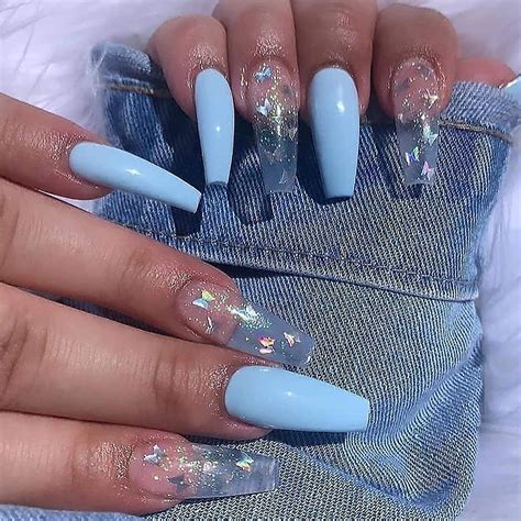 Press On Nails Coffinblue Glitter Butterfly Long Glossy Fake Nail Blue