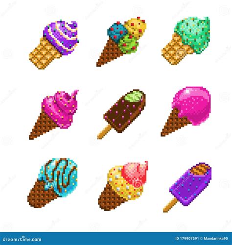 Set Pixel Art Ice Cream Icon Vector Stock Vector Illustration Of