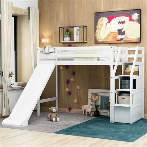 Twin Size Loft Bed With Storage And Slide Solid Wood Bunk Beds With