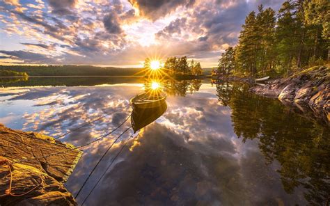 Ringerike Norway Beautiful Sunset Lake Water Reflection Boat