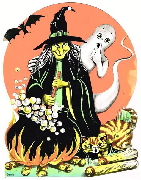 Vintage Witch Ghost And Cauldron Cardboard Decoration Halloween