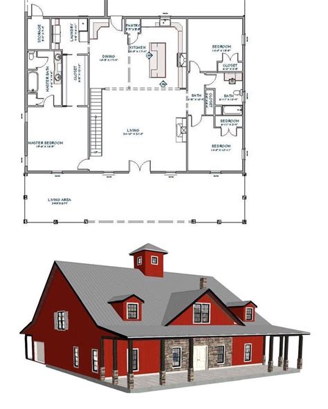 A Red House With Two Floors And A Second Story Floor Plan On The Same Side