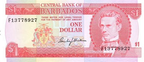 1 Barbados Dollar Banknote National Heroes Square Exchange Yours