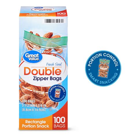 Great Value Fresh Seal Double Zipper Rectangle Portion Snack Bags 100