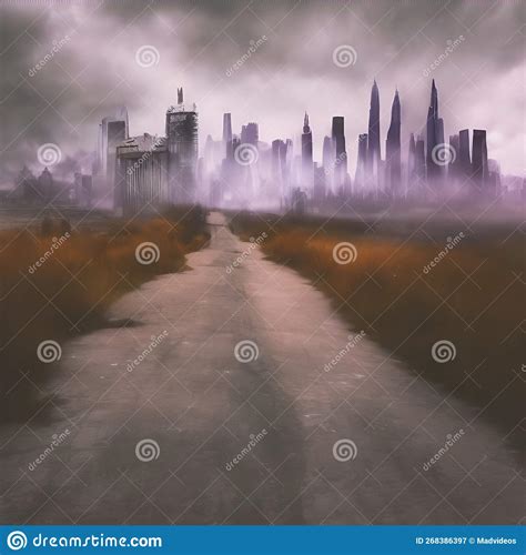 Abstract Fictional Scary Dark Wasteland City Background Road Leading To