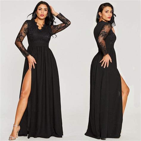 Black Lace Evening Dresses Long Sleeves V Neck High Split Formal Dress