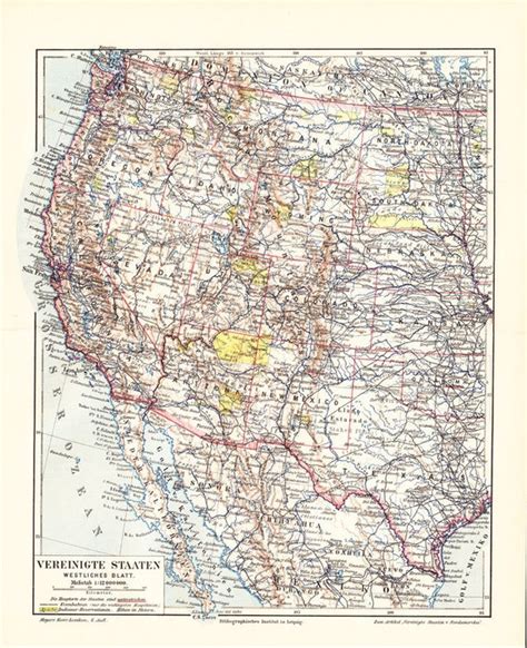 1908 Antique Map Of United States Western Countries Nevada