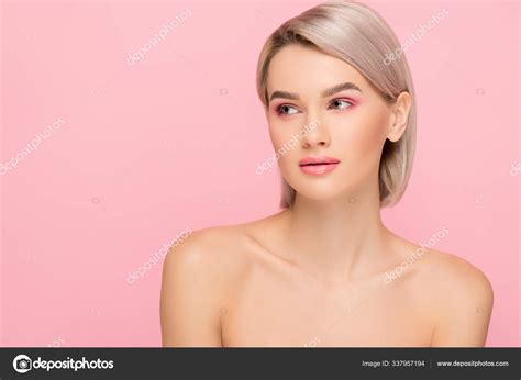 Attractive Nude Girl Perfect Skin Isolated Pink Stock Photo