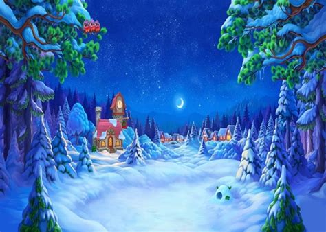Cute Cartoon Winter Scene Snow Covered Christmas Village Backdrop Stage