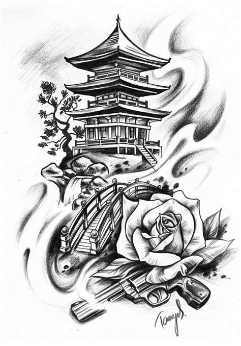 Japanisches Motiv Japan Haus Tempel Tattoo Design Grafik Samurai