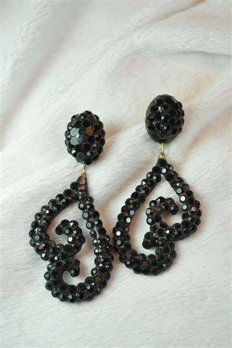 Vintage Large Black Rhinestone Earrings Elegant Evening Etsy Black