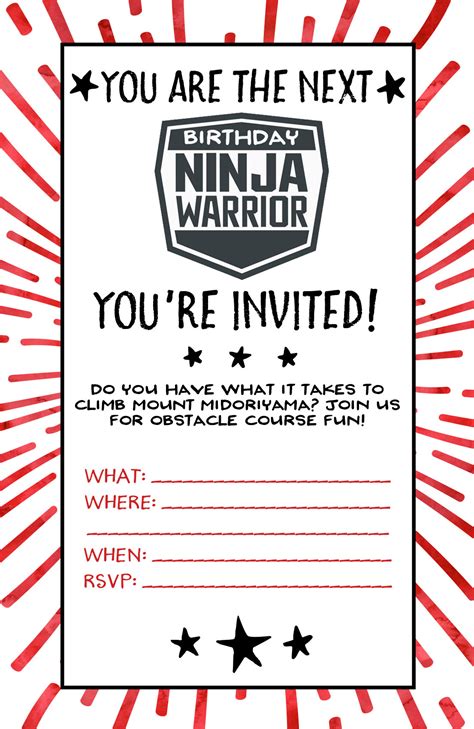 Free Printable American Ninja Warrior Birthday Invitations