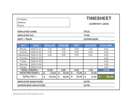 PDF Timesheet Templates - Timesheets PDF | nuTemplates