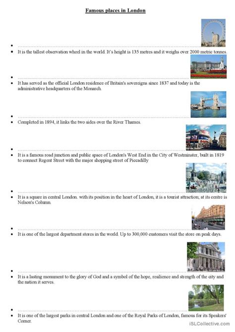 Famous Places In London English Esl Worksheets Pdf And Doc