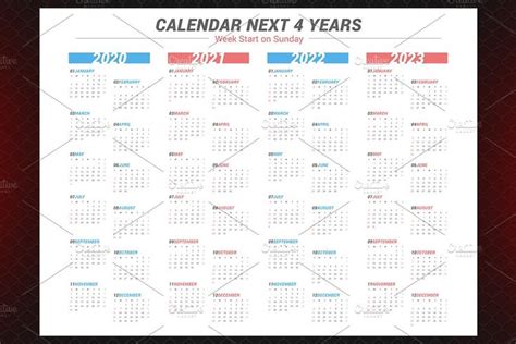 Calendar For Next 4 Years 2020 2023 Stationery Templates Stock Photo