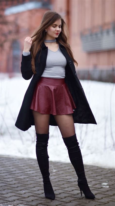 Elegant Black Coat Burgundy Leather Skirt And Suede Knee Boots Fashion Tights