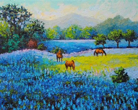 Bluebonnets Of Texas Original Traditional Framed Oil On Canvas Oil