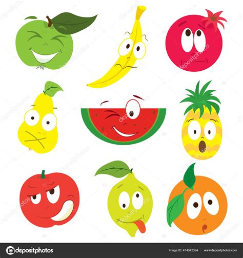 Cartoon Fruits Berries Eyes Flat Style Isolated White Background Vector